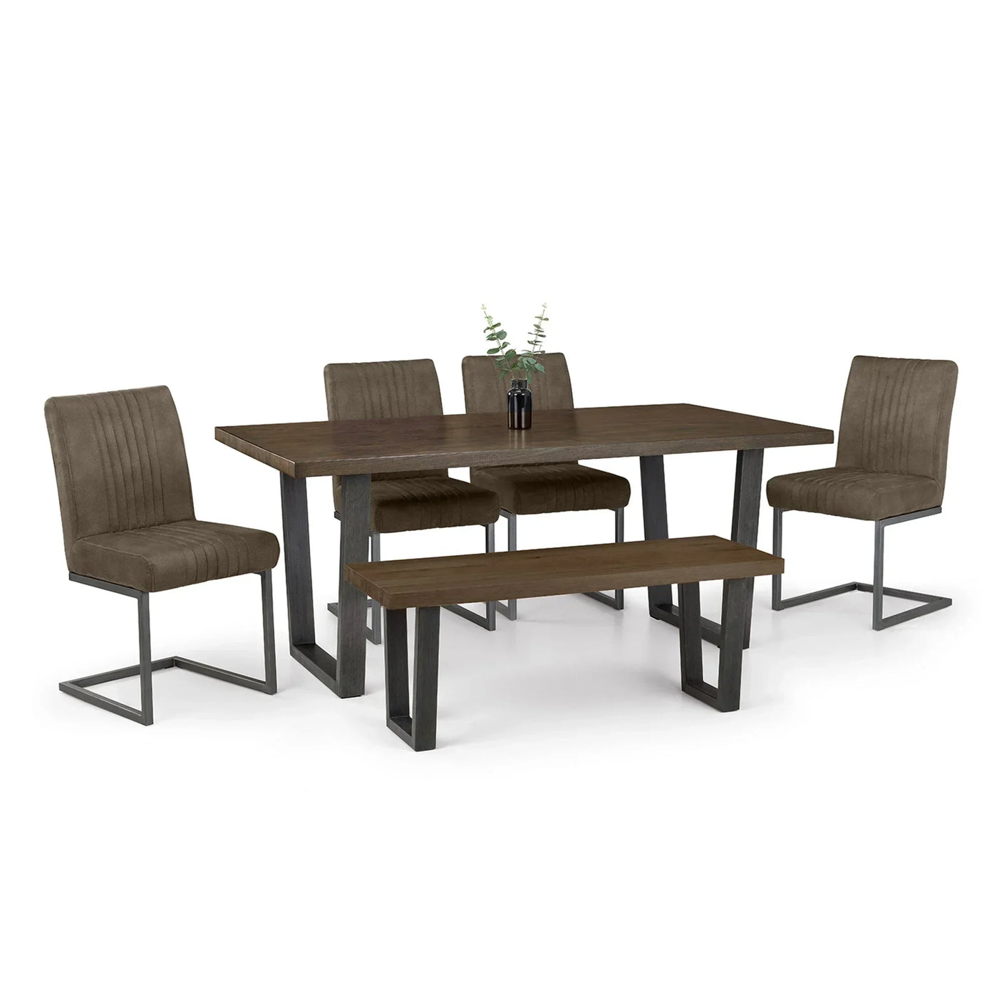 Charcoal grey Brooklyn dining chair with metal legs and vertical stitching on white background