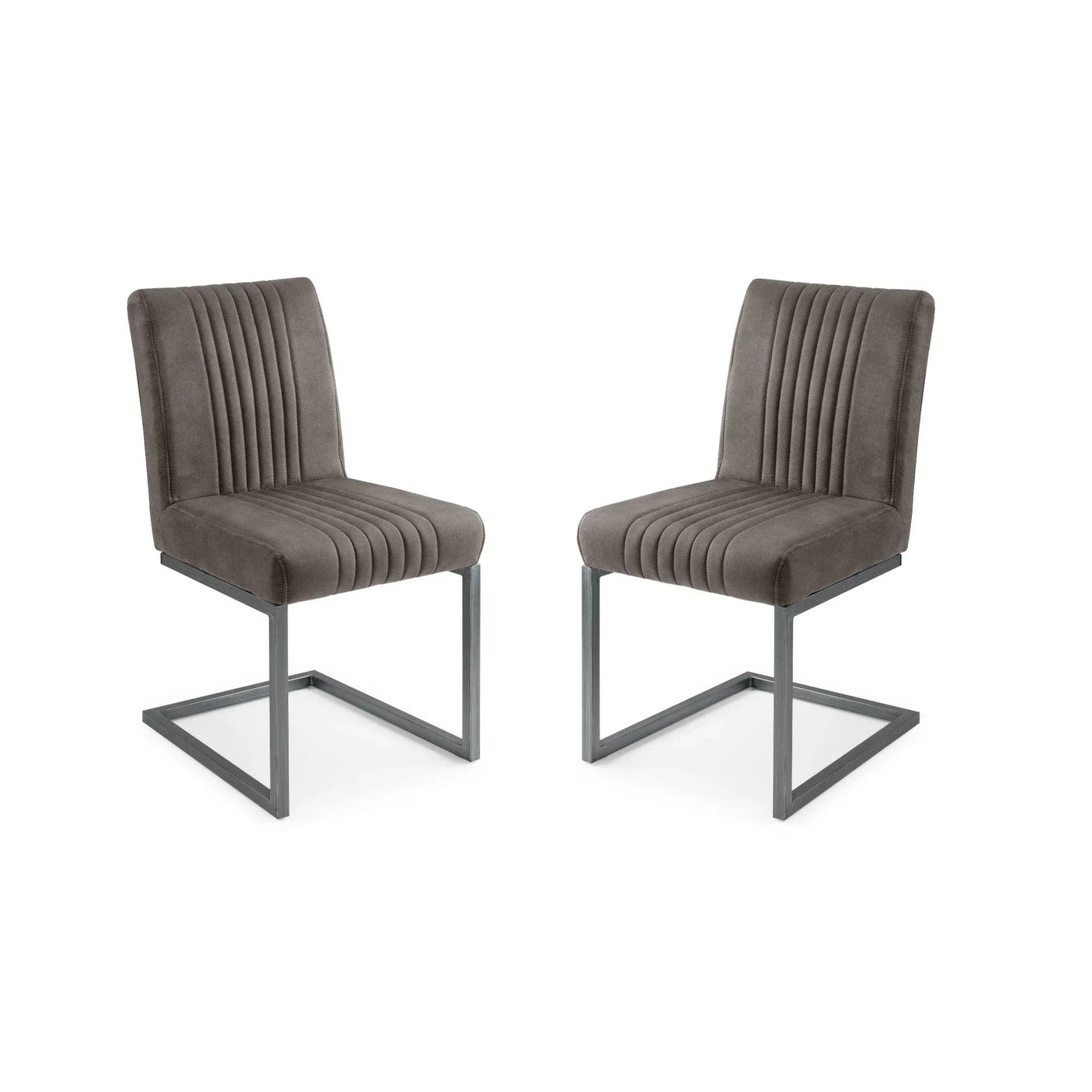 Pair of grey fabric dining chairs with metal cantilever legs and vertical stitched upholstery