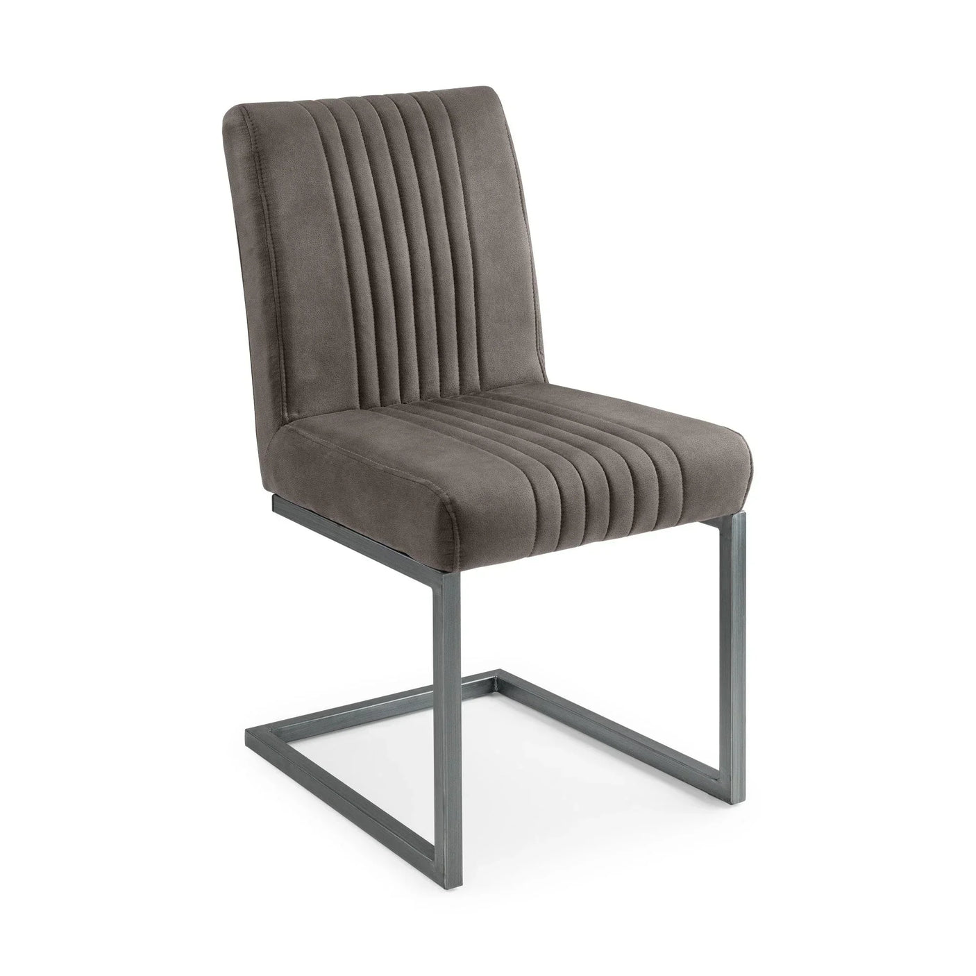 Grey velvet dining chair with vertical stitching on black cantilever metal frame