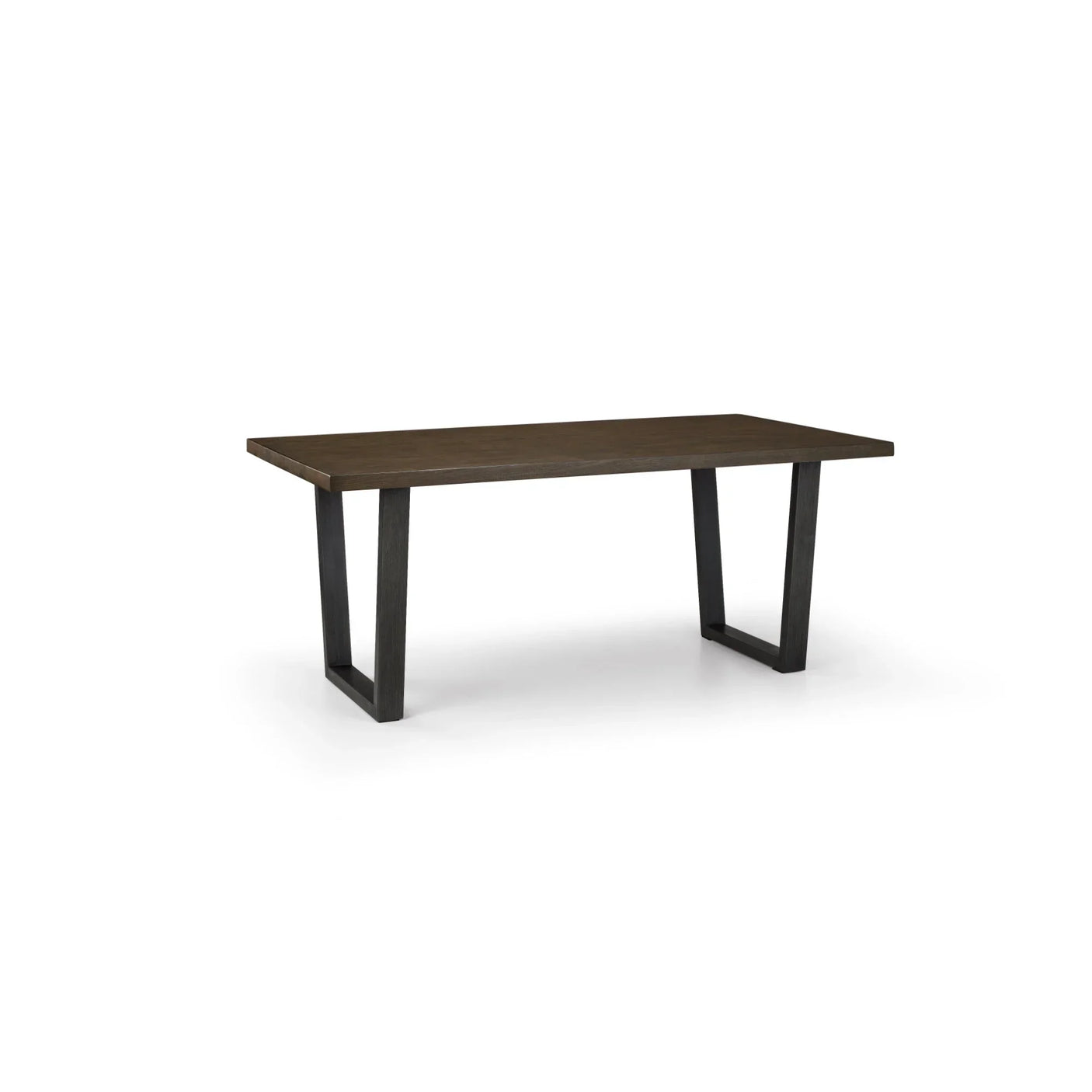 Rectangular dark oak dining table with angled black legs on white background