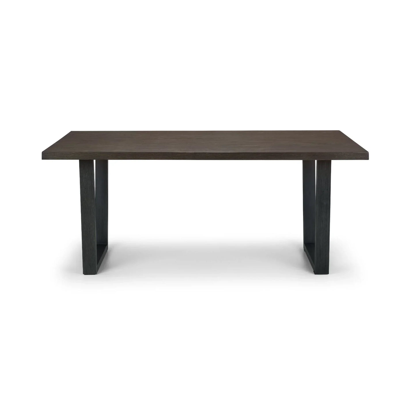 Rectangular dark oak dining table with wide legs on white background, front view