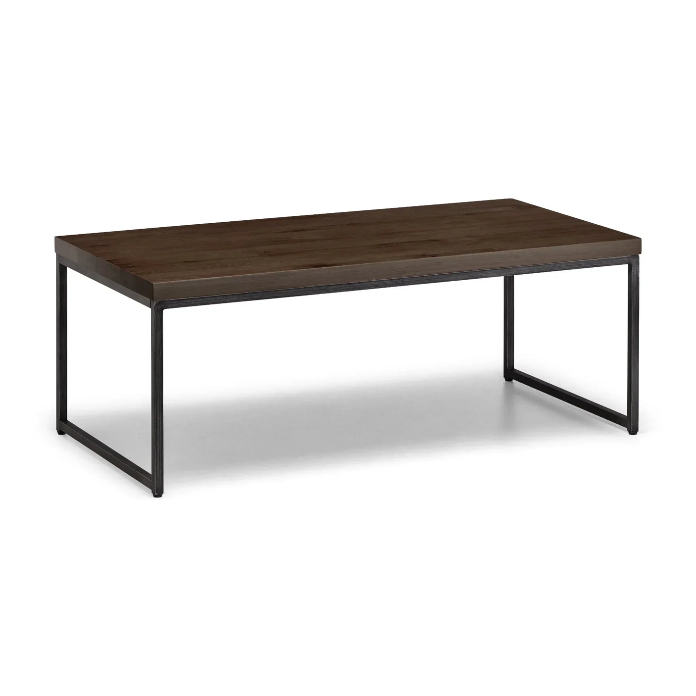 Dark oak nesting coffee table with black metal frame on white background