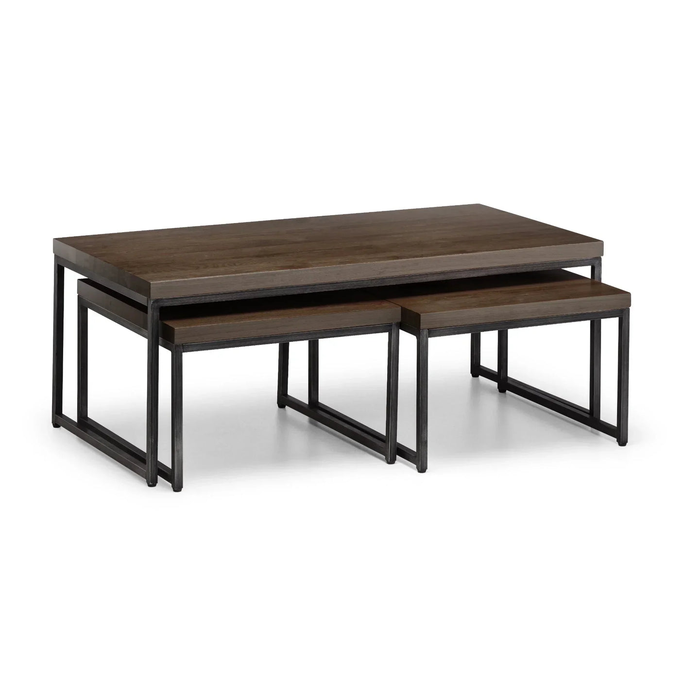 Dark oak nesting coffee tables with black metal legs on white background