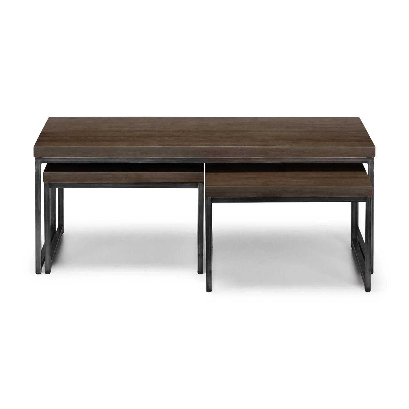 Dark oak nesting coffee tables with metal frames against white background