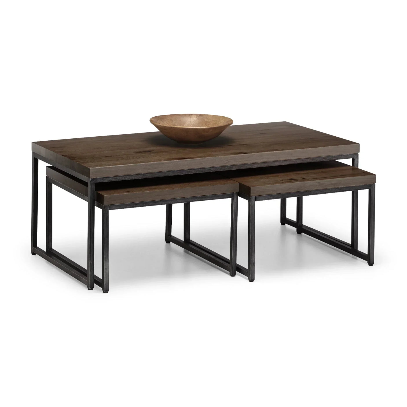 Dark oak nesting coffee tables with metal frame and decorative wooden bowl on top