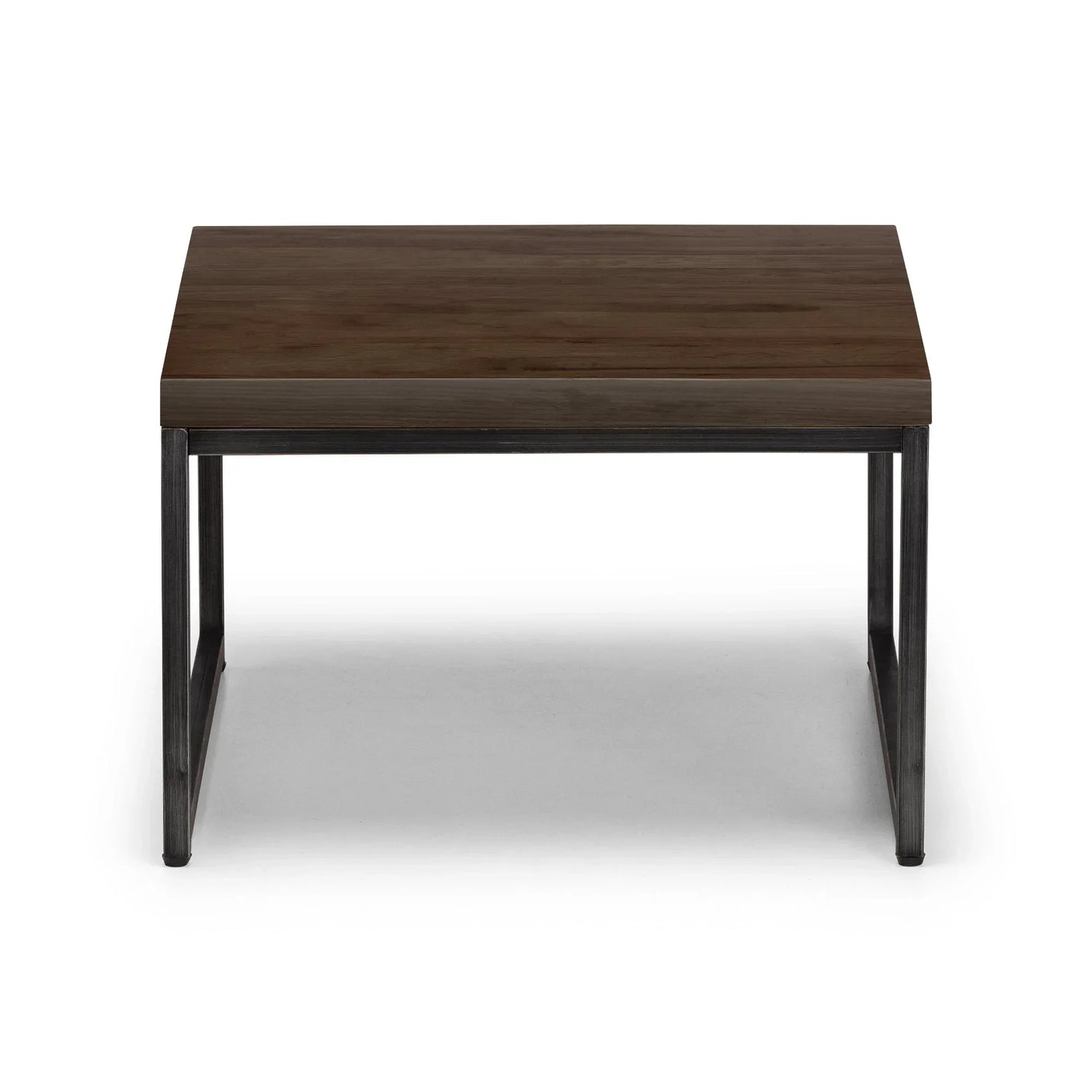 Dark oak nesting coffee table with metal frame, front view on white background