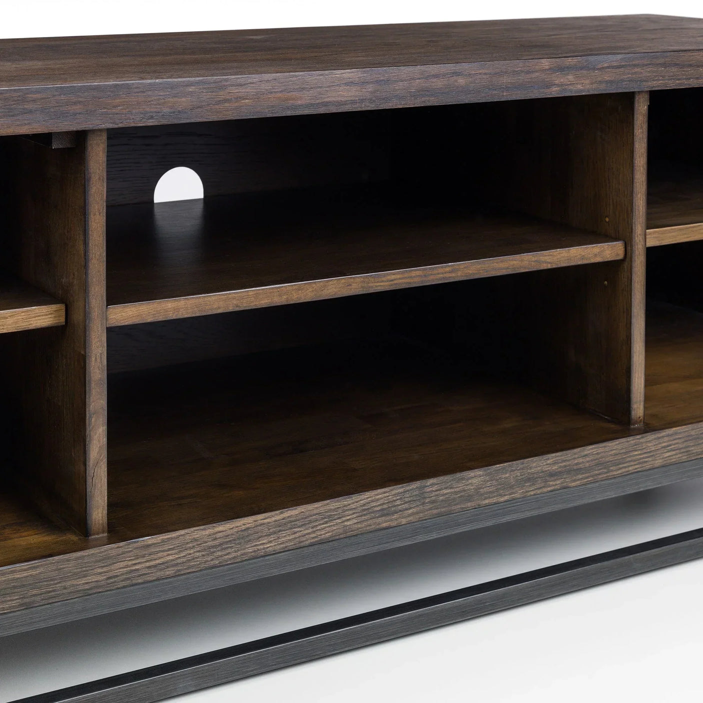 Dark oak TV unit shelves with cable management hole and open storage compartments