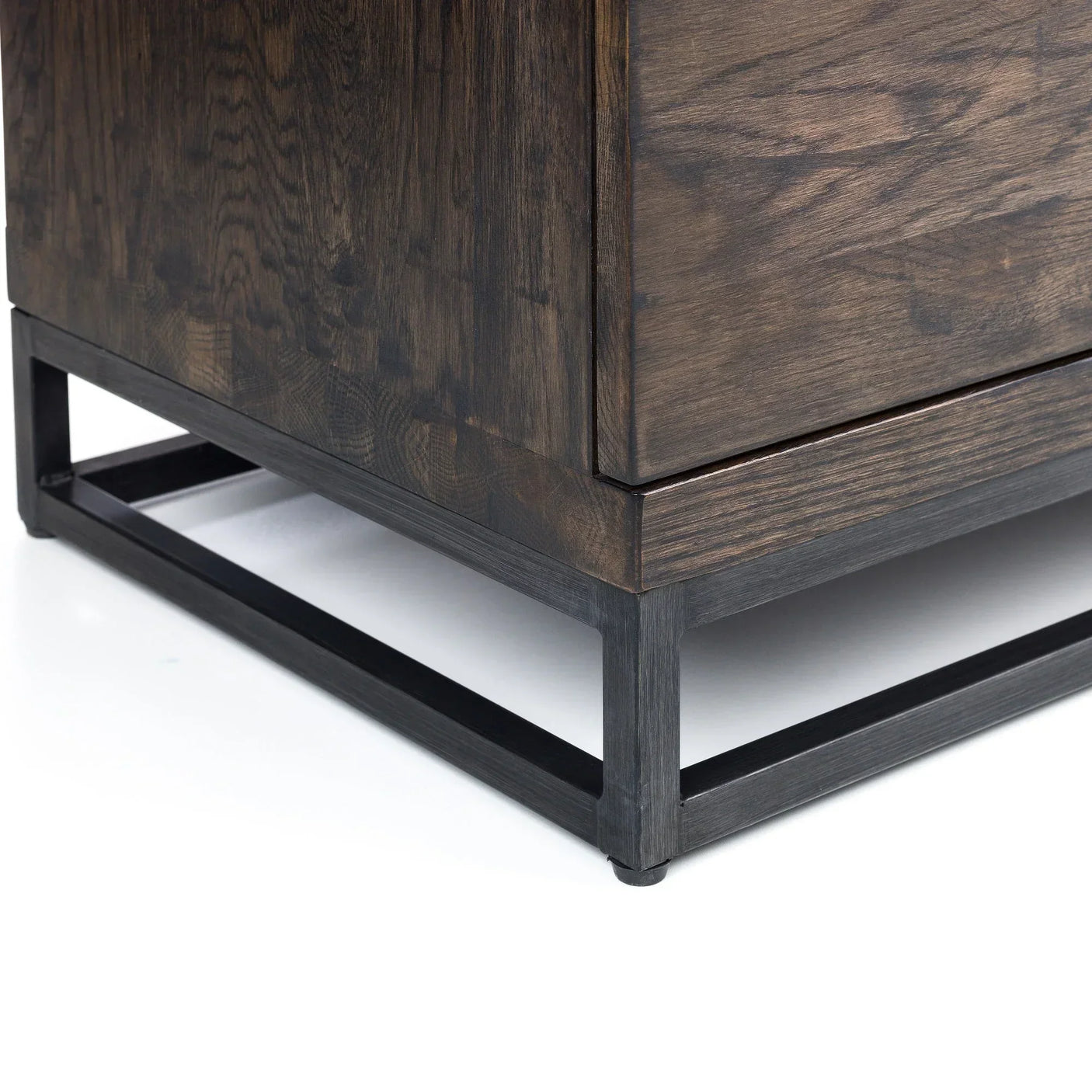 Brooklyn dark oak TV unit close-up showing wood grain and black metal base