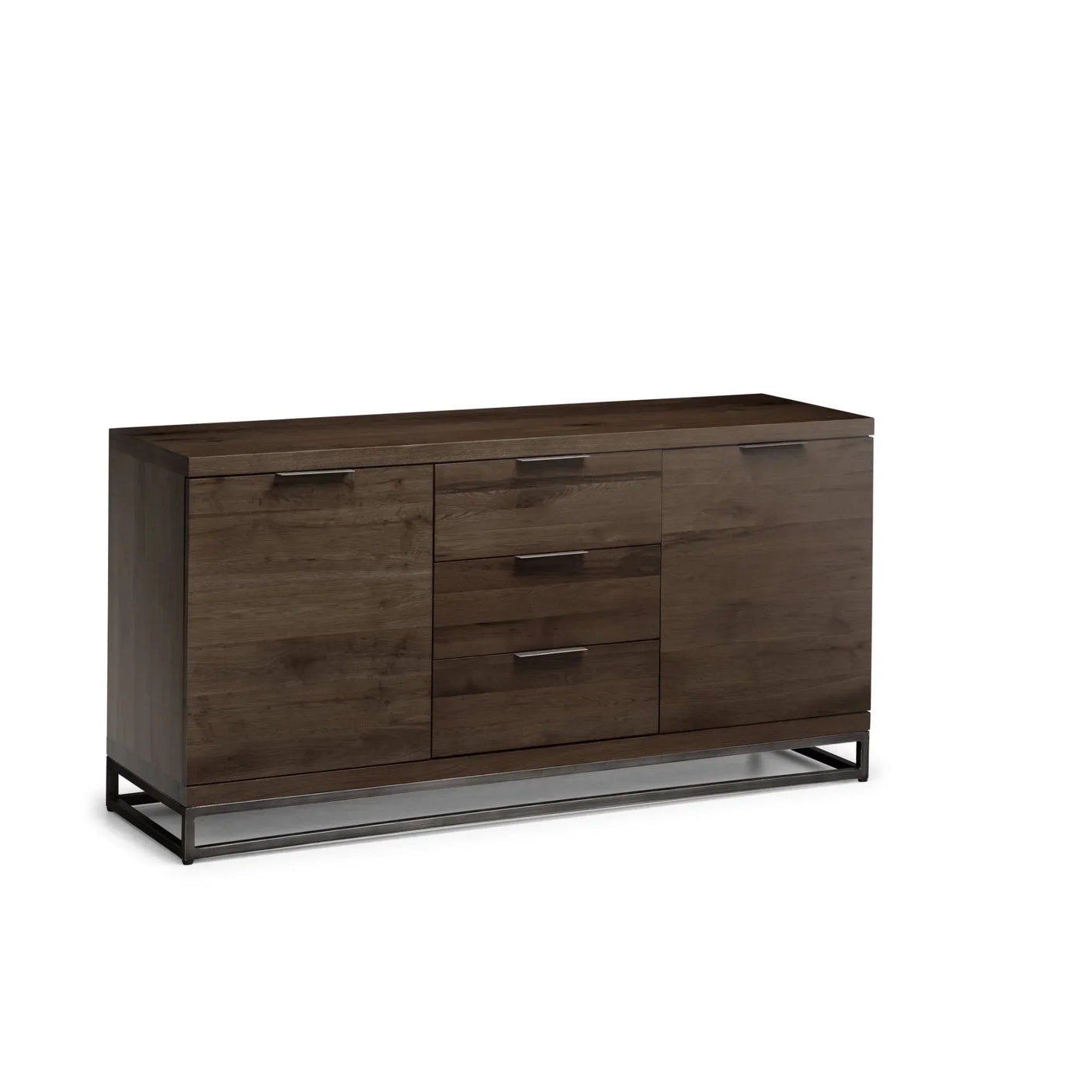 Dark oak sideboard with three central drawers, two doors, and black metal base