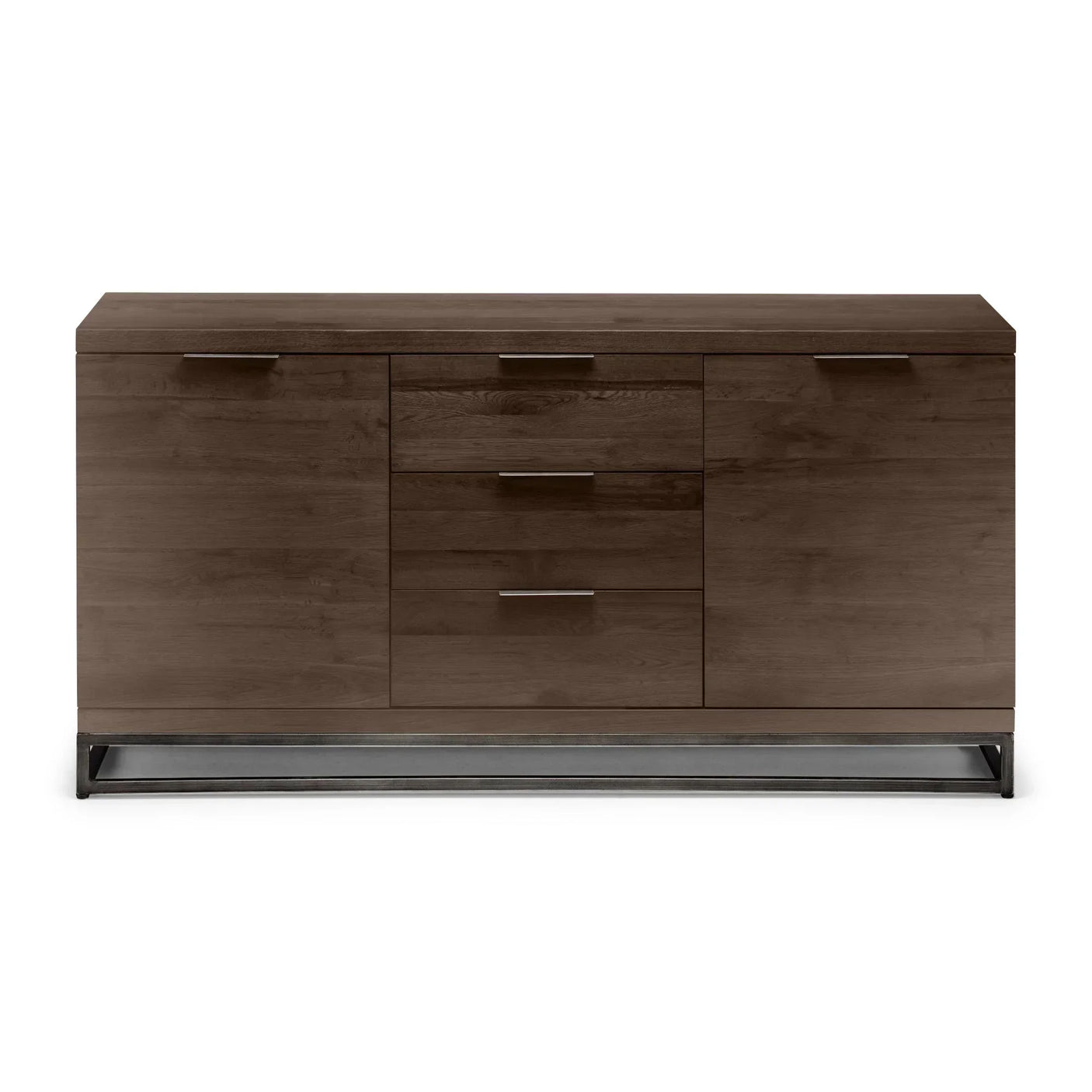 Dark oak sideboard with metal base, three central drawers and two cupboards, front view