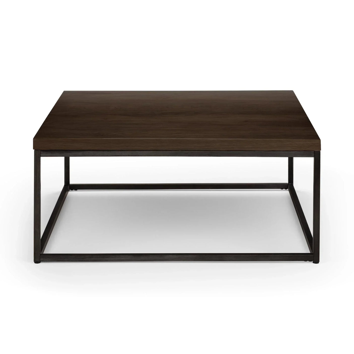Dark oak square coffee table with black metal frame, front view on white background