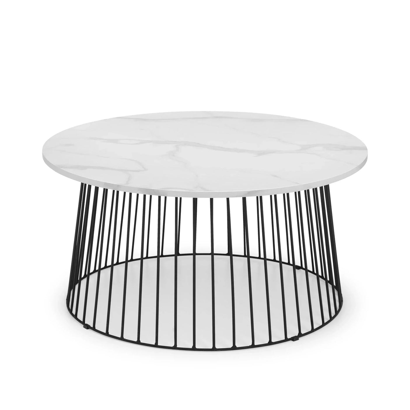 Round marble coffee table with black metal base, contemporary design, white top surface