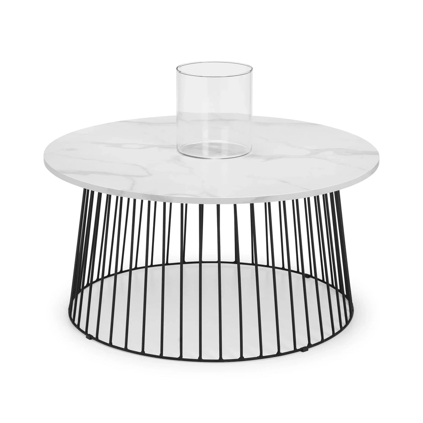 round marble coffee table with black wire base and glass candle holder