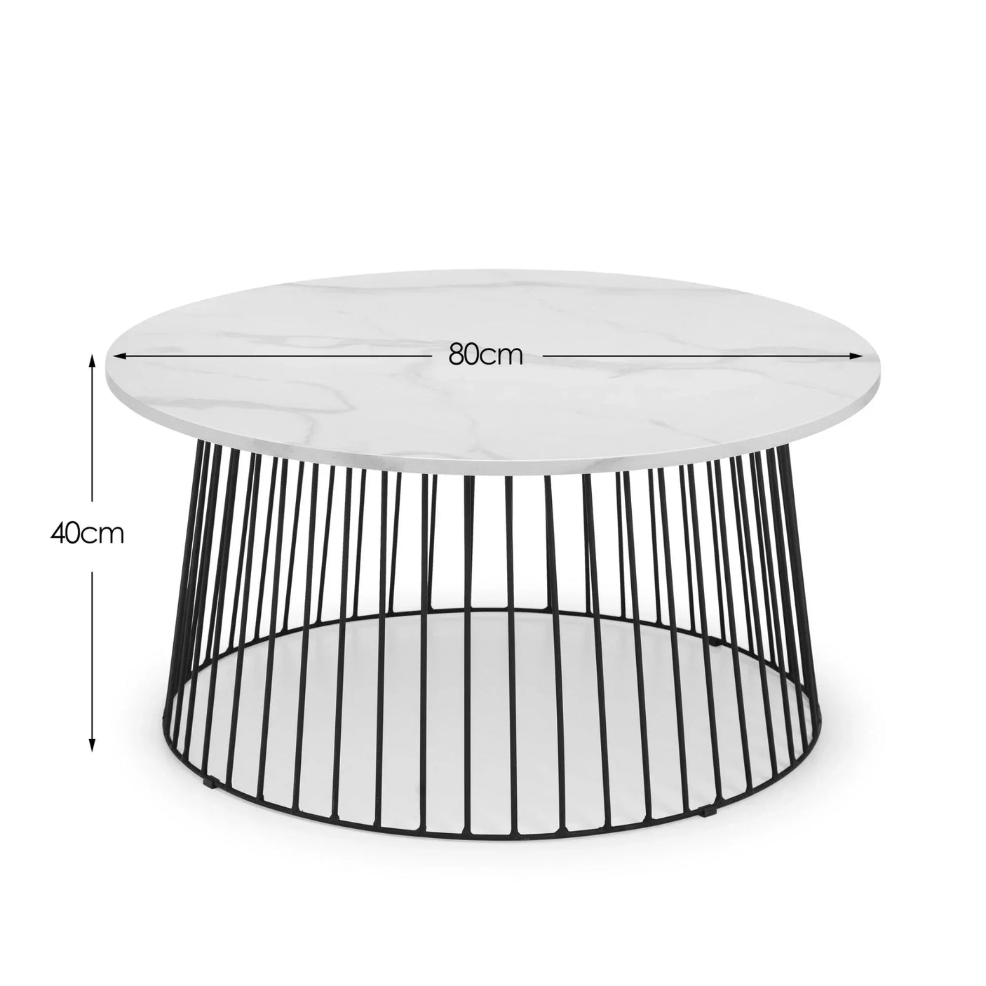 Round marble coffee table with black wire base, 80cm diameter, 40cm height, front view