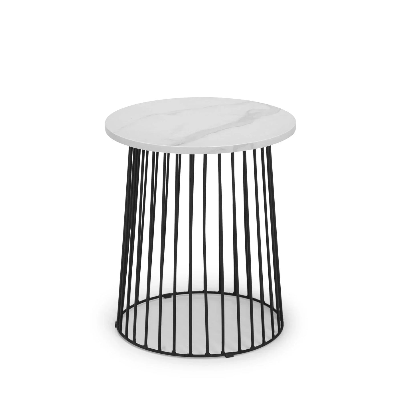 Round marble side table with black metal wire base on white background