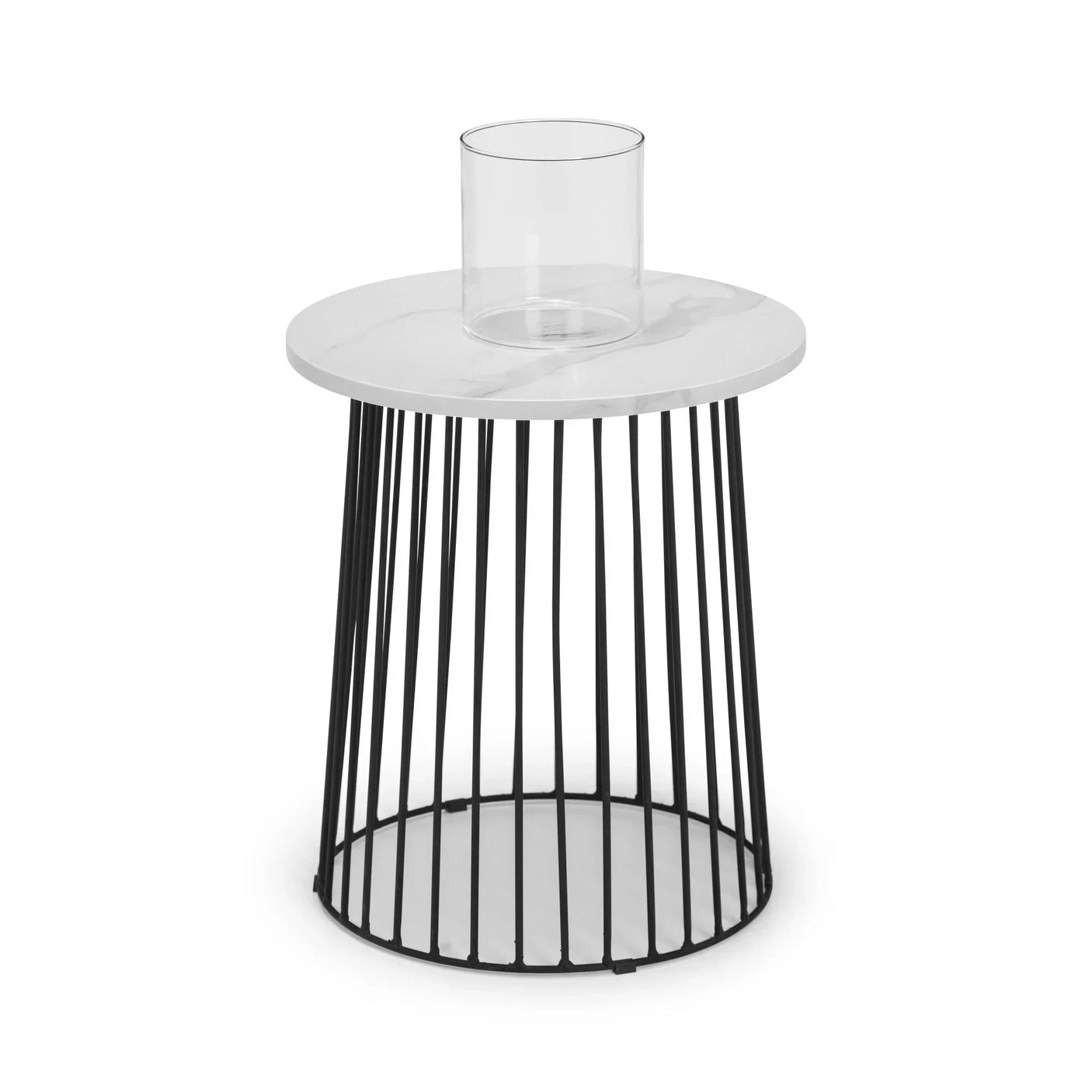 Round marble top side table with black metal base and clear glass vase on top