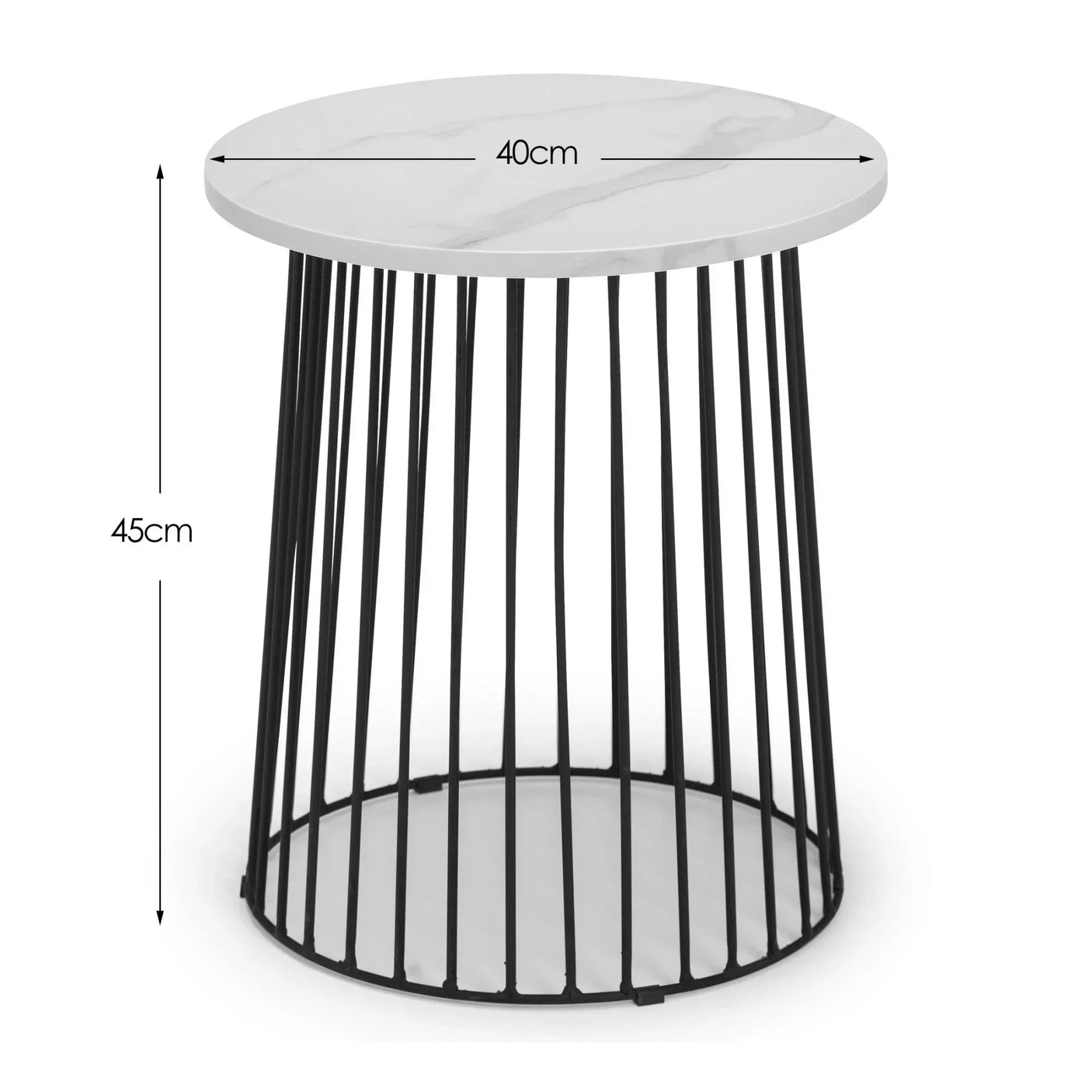 Round side table with marble top, black wire base, 40cm diameter, 45cm height