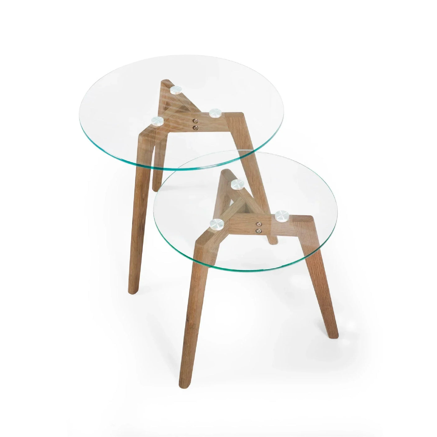 Nest of two tables with round glass tops and wooden tripod legs