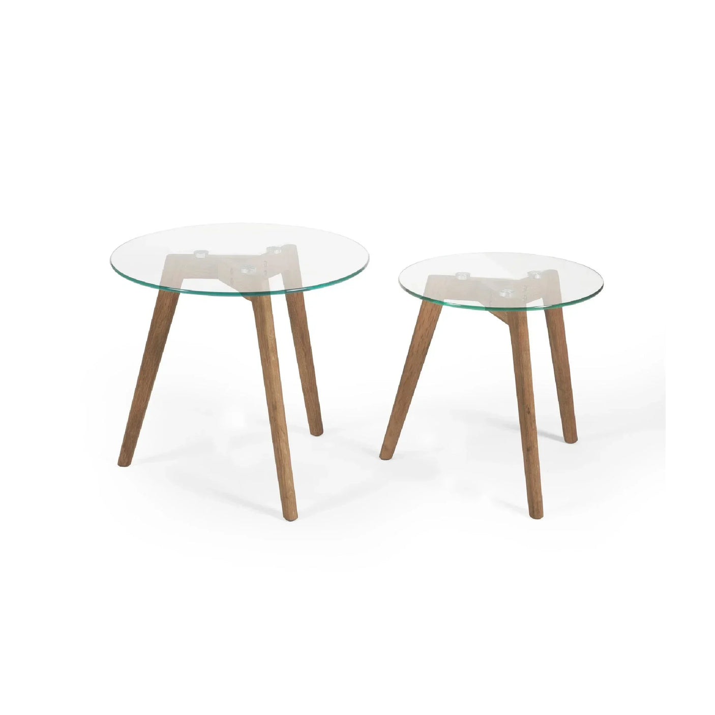 Nest of two round glass top tables with wooden legs on white background