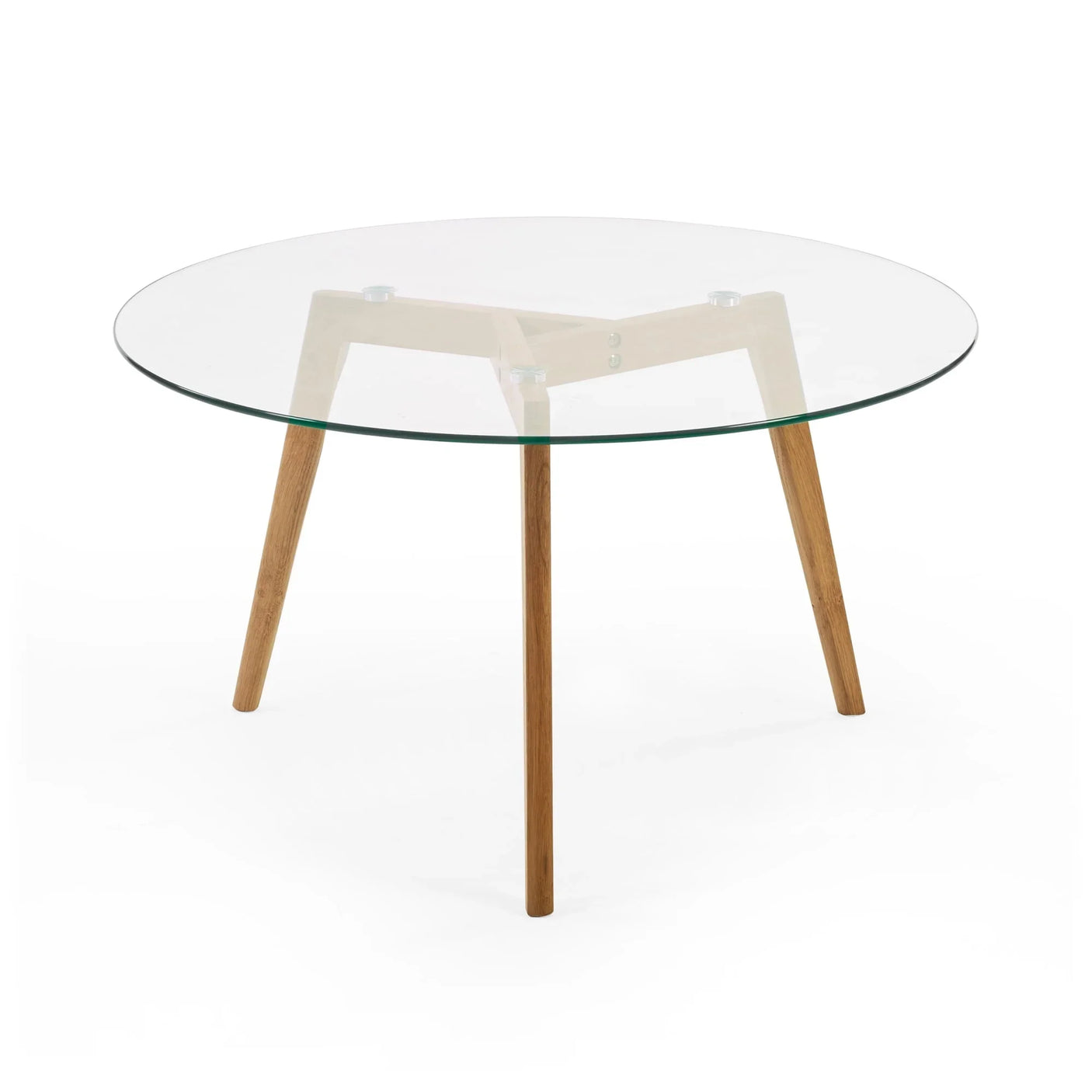 Round glass dining table with wooden legs and modern minimalist design