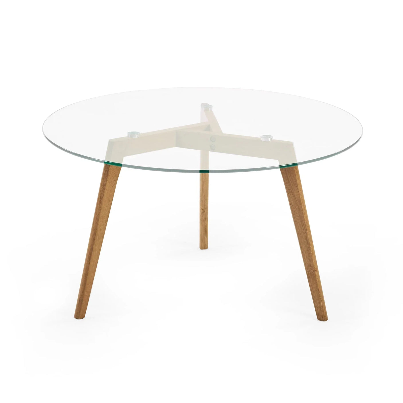 Round glass dining table with wooden legs and modern minimalist design