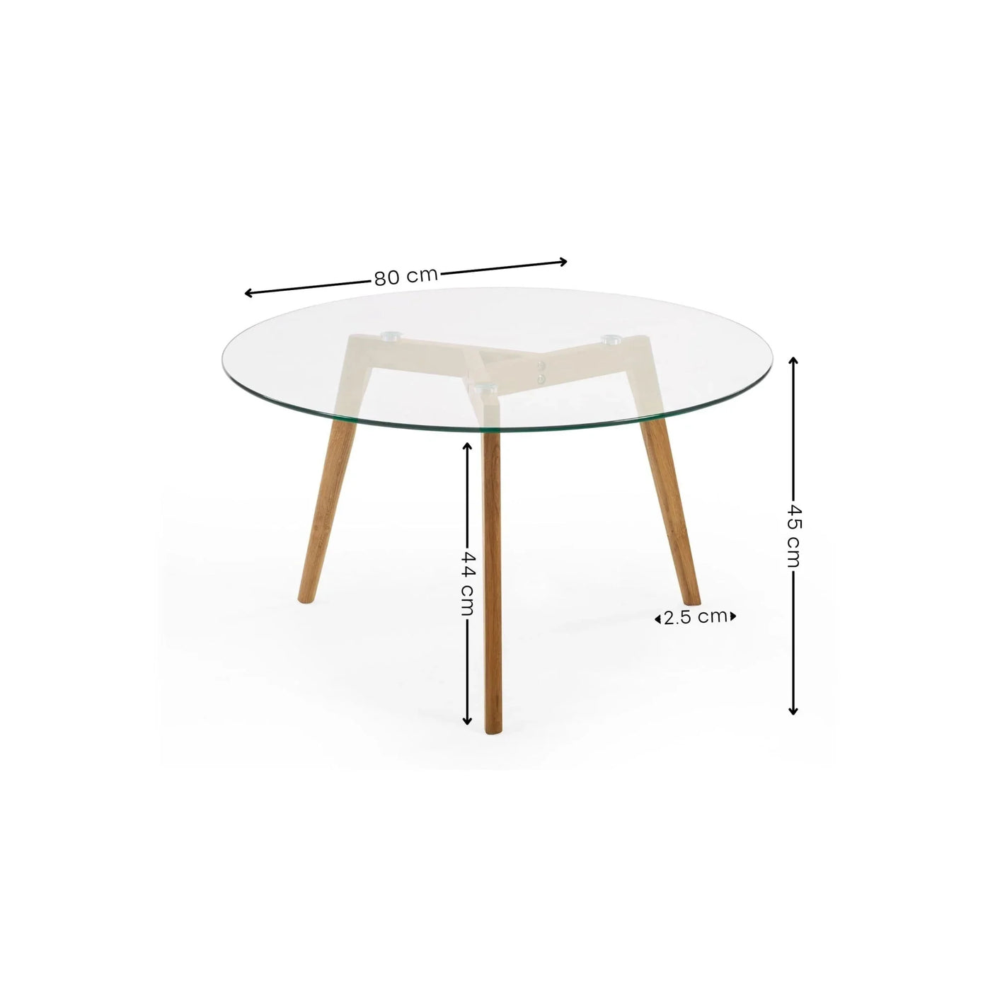 Round glass coffee table with wooden legs and dimensions shown