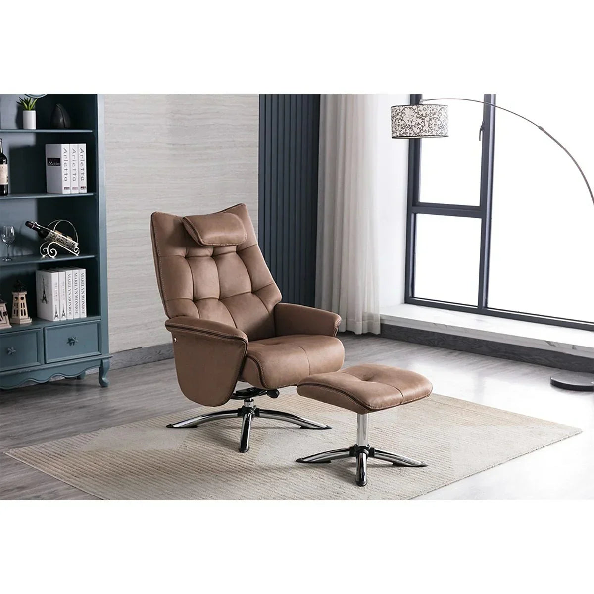 Brown recliner chair with matching footstool on rug in modern living room