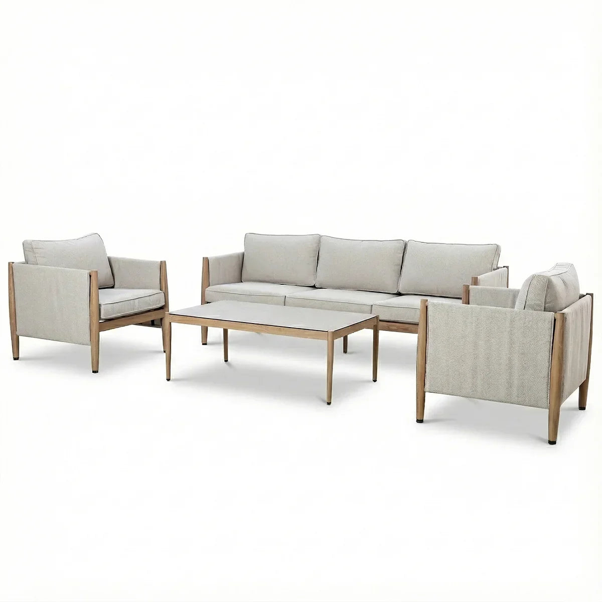 Light grey fabric sofa set with wooden frame, two armchairs, and coffee table on white background