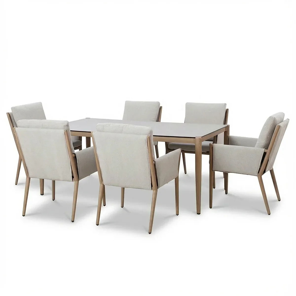 Six seat dining set with light wood frame chairs and rectangular dining table
