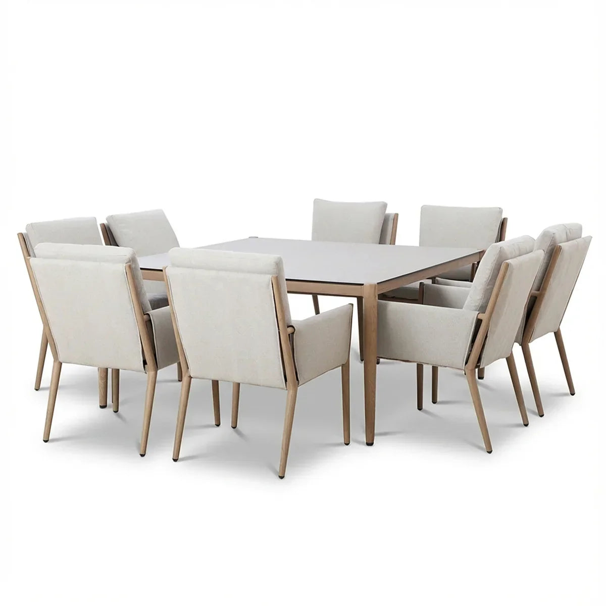 Square dining table with light wood frame and eight beige upholstered dining chairs