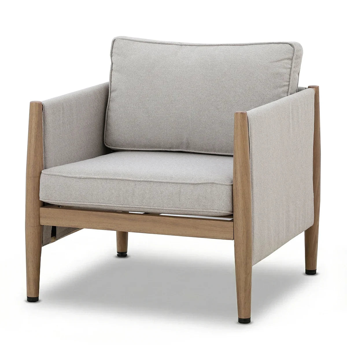 Beige fabric accent chair with wood frame and padded seat, front angle view