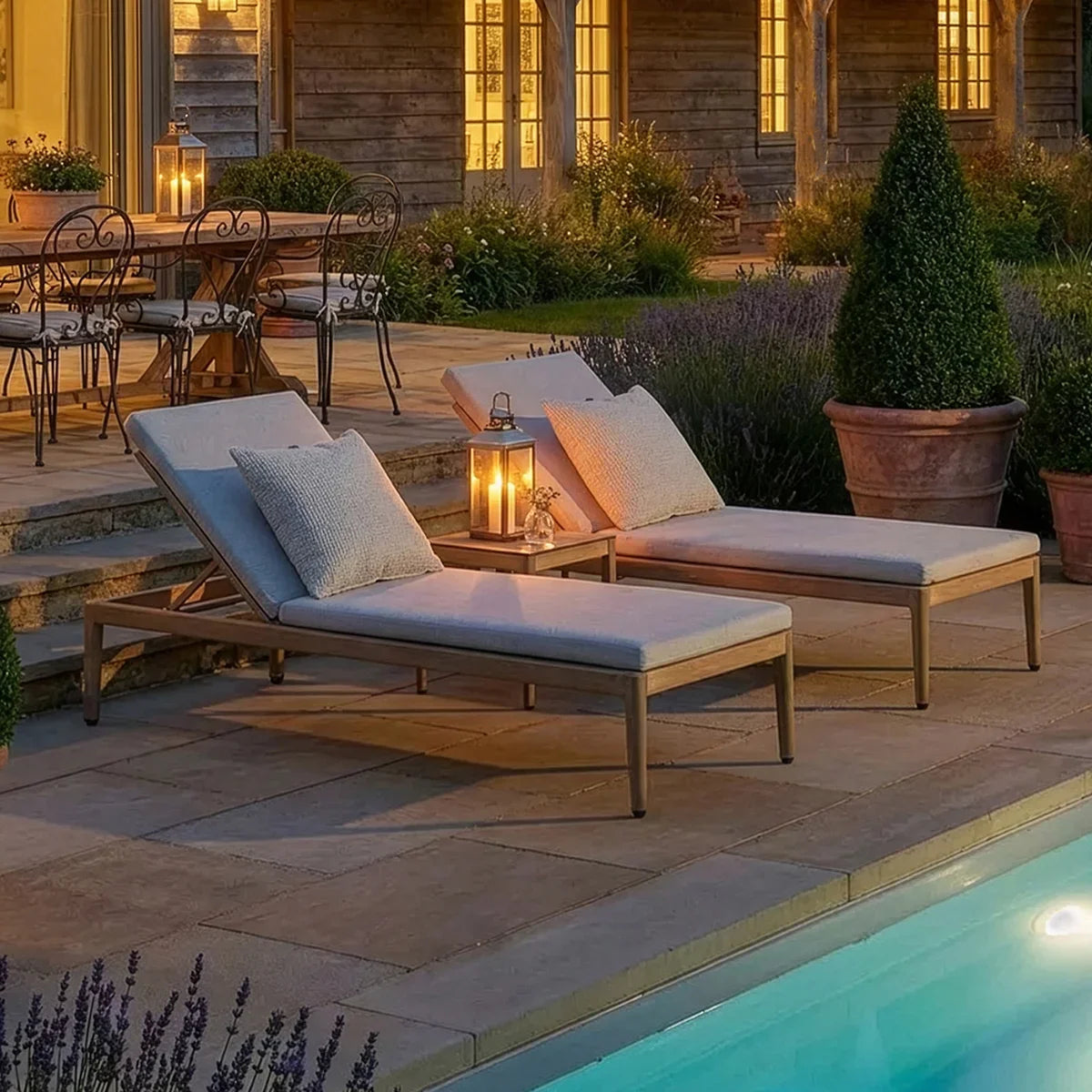 Outdoor sun loungers with cushions beside pool on stone patio, evening lantern lighting