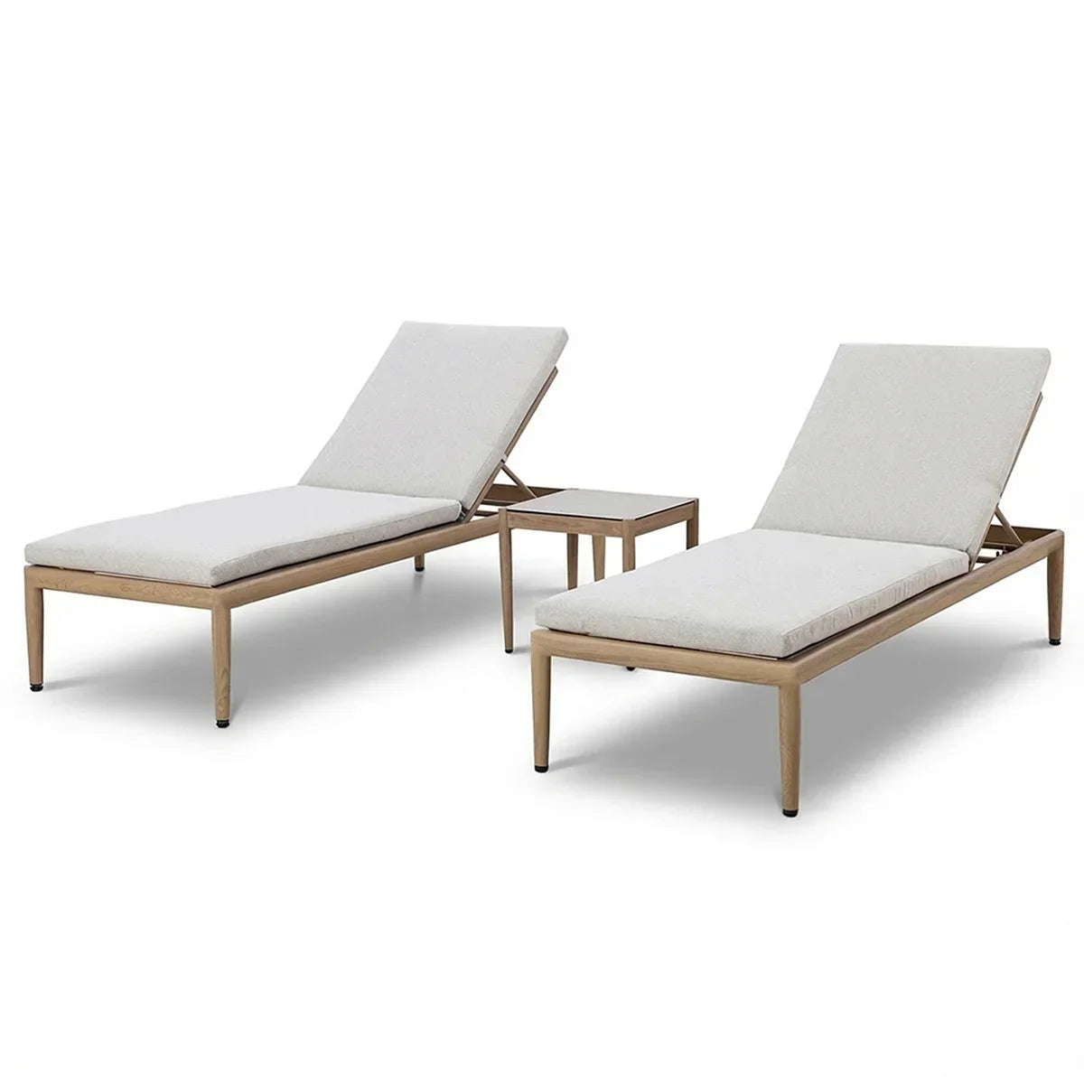 Set of two beige cushioned sun loungers with wooden frames and side table