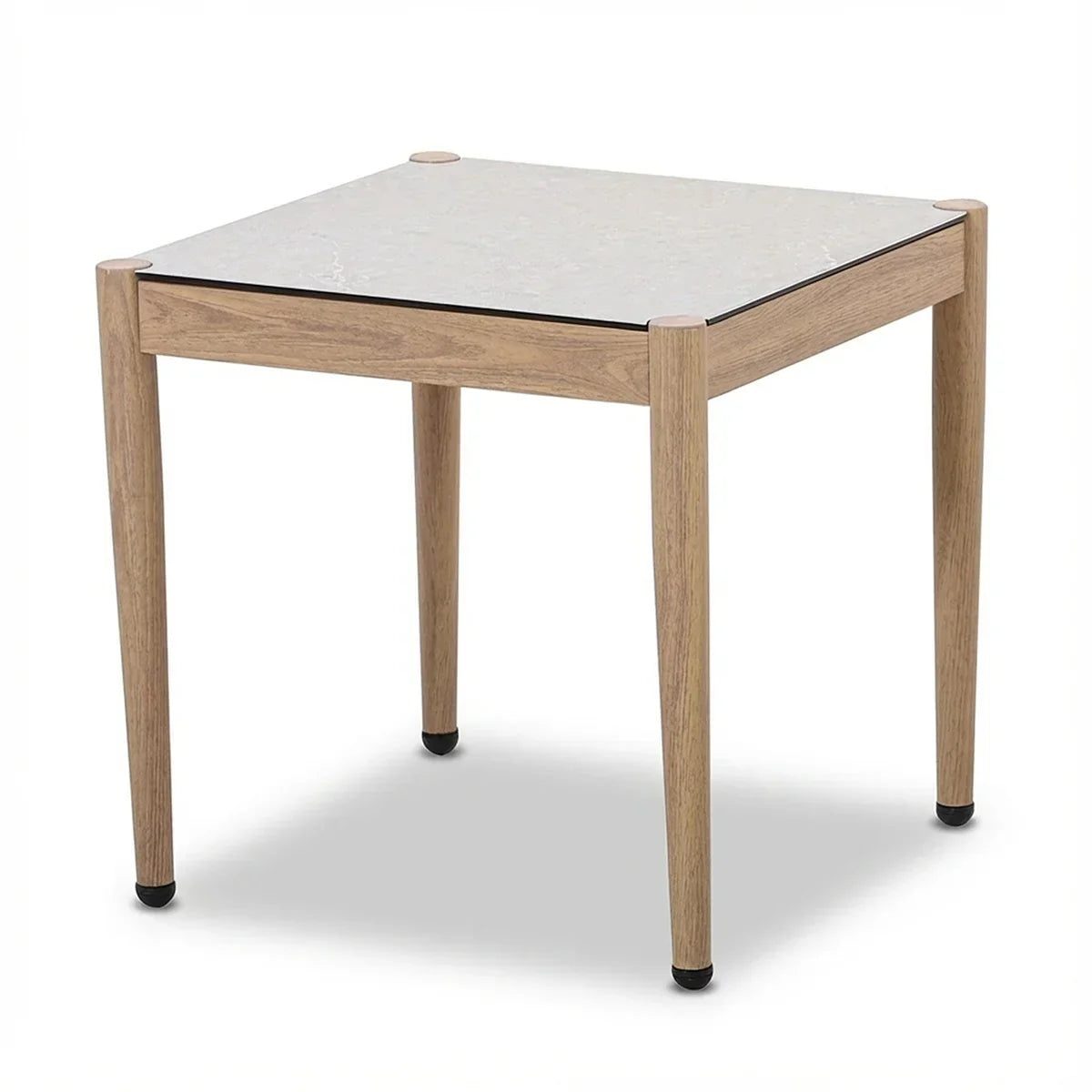 Square side table with light wood frame and stone effect top on white background