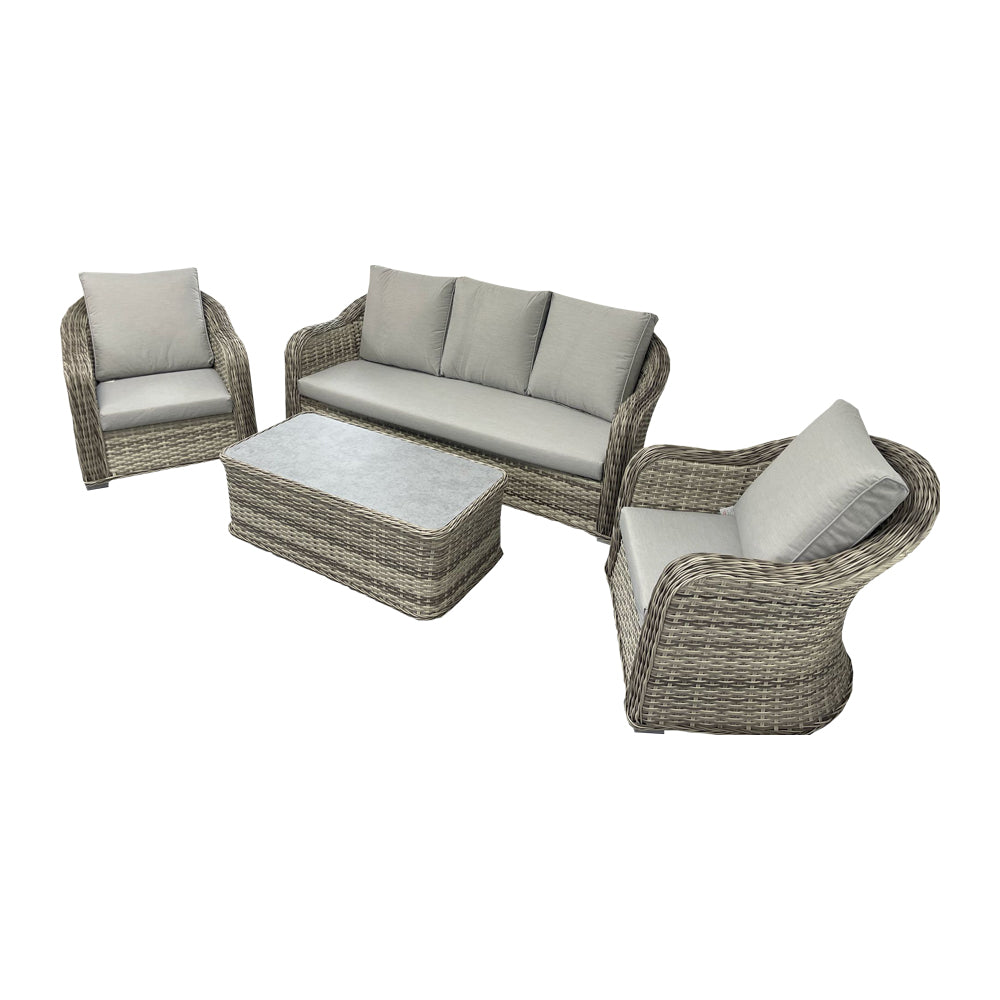 Winchester Curved Beige Rattan Sofa Set – 3-Seater, 2 Chairs & Coffee Table