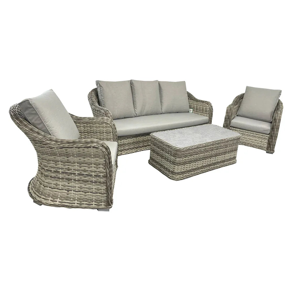 Winchester Curved Beige Rattan Sofa Set – 3-Seater, 2 Chairs & Coffee Table
