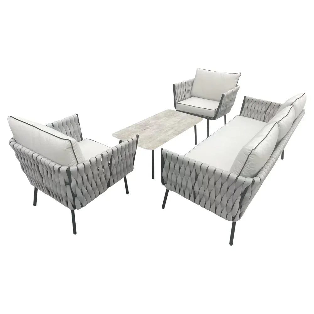 Grey rope outdoor sofa set with two armchairs, three-seater and rectangular coffee table