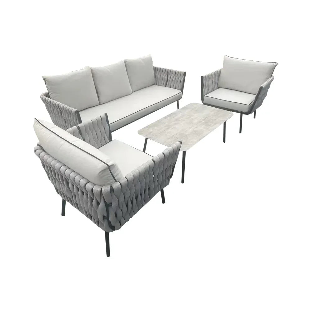 Grey outdoor sofa set with two armchairs and a rectangular coffee table