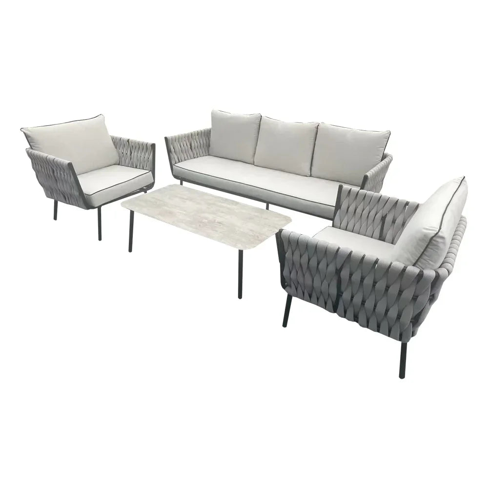 Grey rope weave garden sofa set with cushions and rectangular coffee table