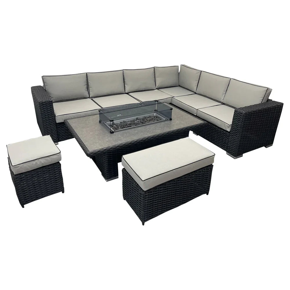 Ely Black Rattan Fire Pit Corner Sofa Set – Multi-Piece with Benches