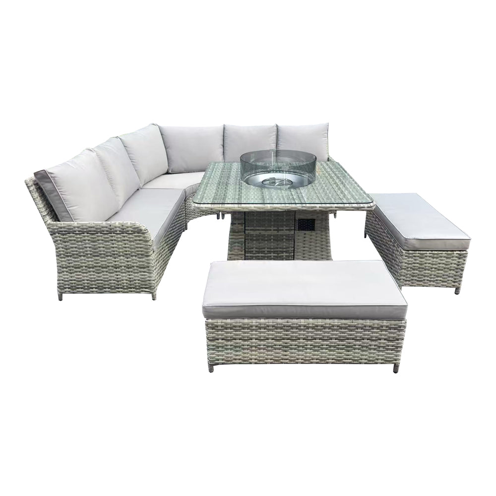 Kensington Grey Rattan Fire Pit Lounge Set – Corner, Bench & Table