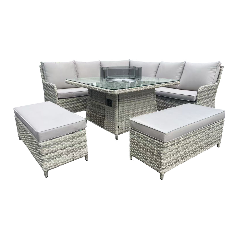 Kensington Grey Rattan Fire Pit Lounge Set – Corner, Bench & Table