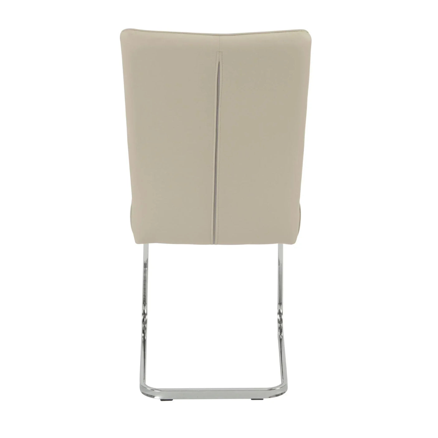 Back view of taupe dining chair with chrome cantilever legs and upholstered seat