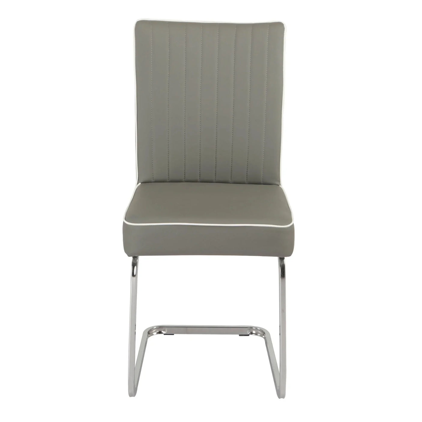 Grey dining chair with chrome cantilever base and stitched backrest, front view