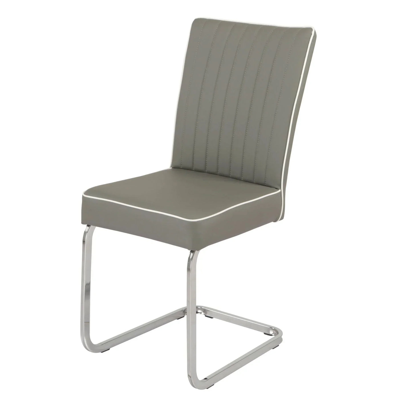Grey dining chair with chrome cantilever legs and vertical stitched detail