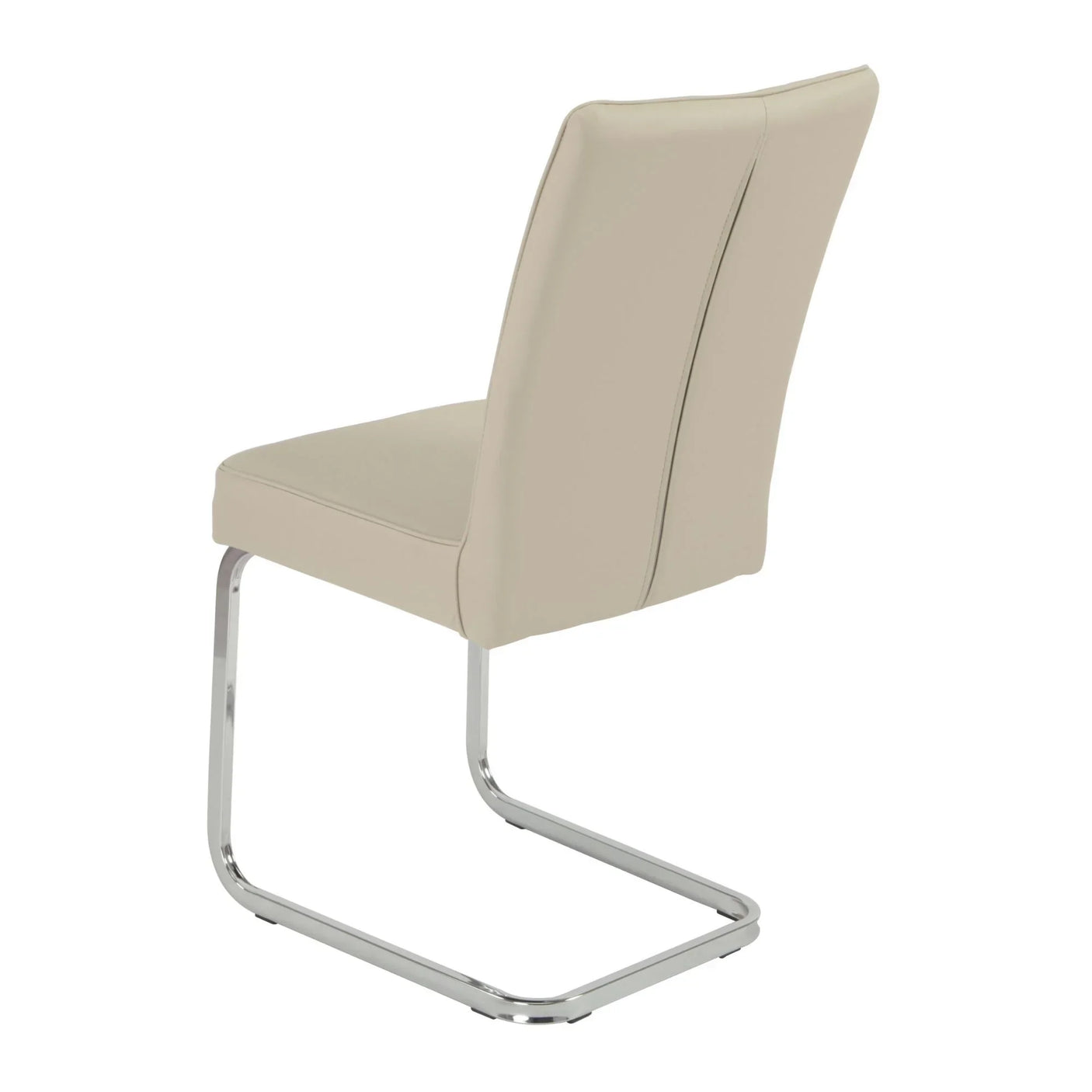 Taupe dining chair with chrome cantilever base, angled rear view