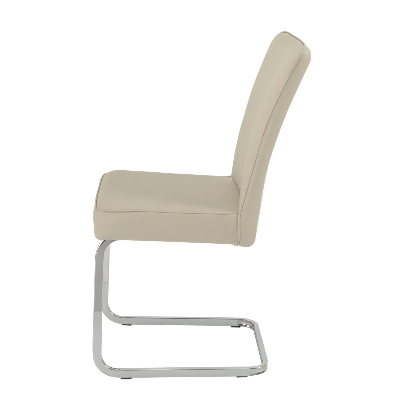 Taupe dining chair with chrome cantilever frame, side view highlighting cushioned seat