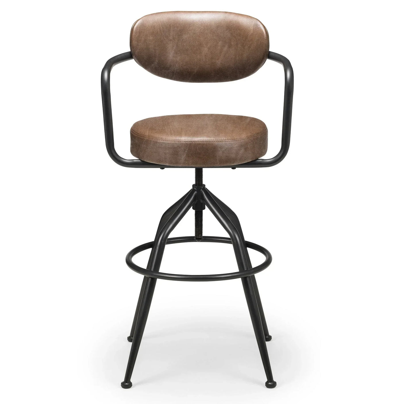 Barbican bar stool with brown faux leather seat and black metal frame, front view