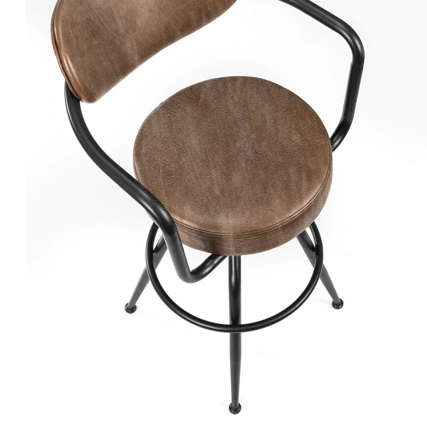 Barbican bar stool with brown faux leather seat and black metal frame, overhead view