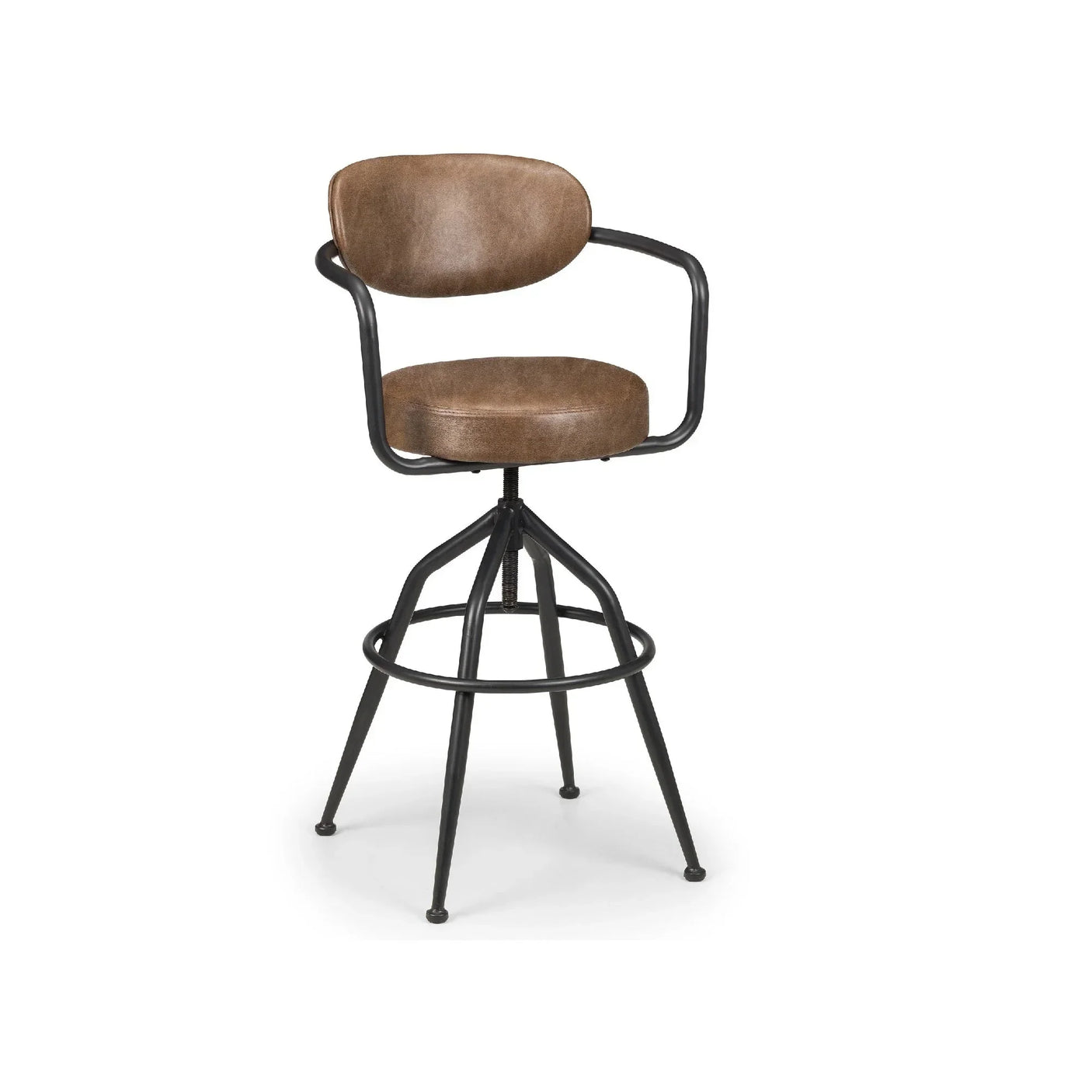 Brown leather bar stool with black metal frame and armrests on white background